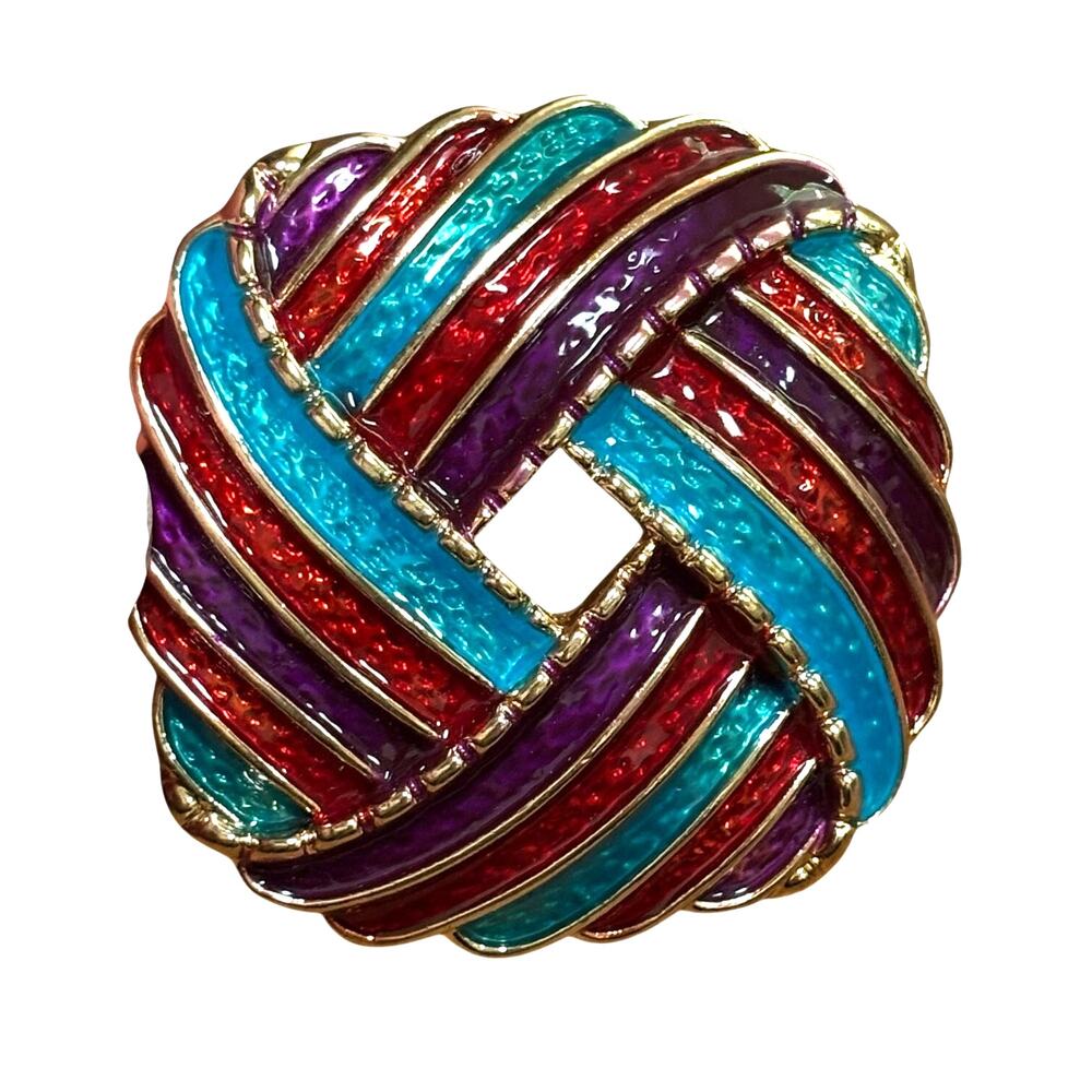 Vintage 80’s fashion brooch gold & multicolor enamel stripes domed textured